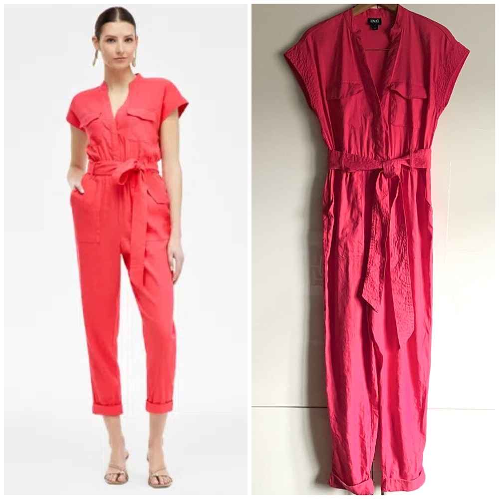 INC International Concepts Linen Blend Belted Utility Jumpsuit in Pink 4 EUC